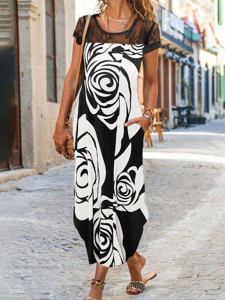 

Printed Casual Crew Neck Dresses, Black, Floral Dresses