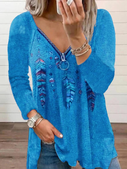

V Neck Casual Tops, Light blue, Tops