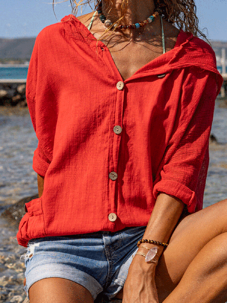 

Women's Linen Mesh Panel Hooded Shirt Jacket, Red, Outerwear
