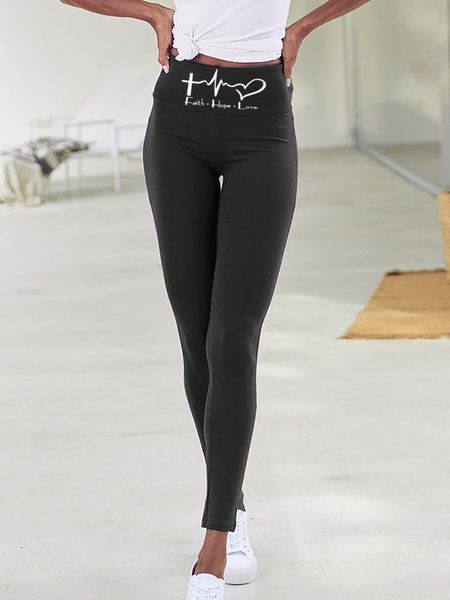 

Letter Printed High Wiast Leggings Skinny Leggings, Black, Leggings
