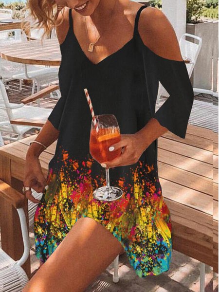 

Cotton Blends Regular Fit V Neck Dresses, Black, Mini Dresses