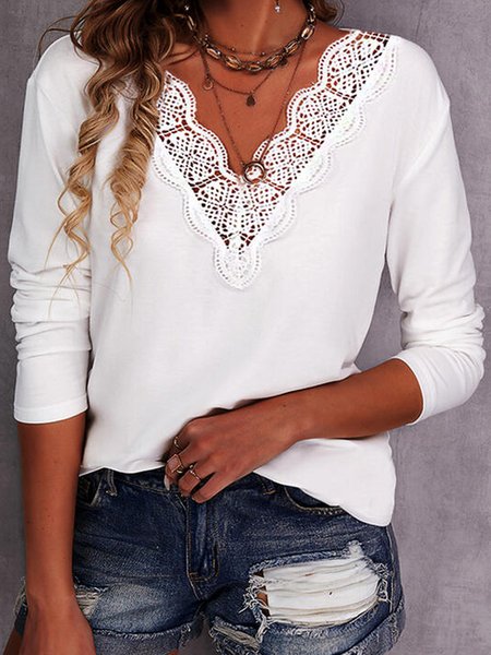 

Loosen Romantic V Neck Cotton Blends Solid Long Sleeve T-shirt, White, T-Shirts