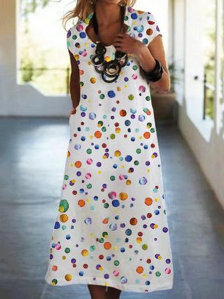 

Polka Dots Casual Short Sleeve Loosen A-line Dresses, White, Midi Dresses