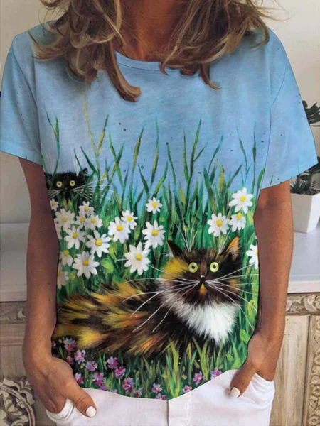 

Daisy and Cat Print Crew Neck Short Sleeve T-Shirt, As picture, T-shirts