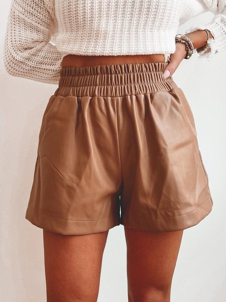 

Plain Loosen Faux Leather short plain Pants, Deep khaki, Shorts