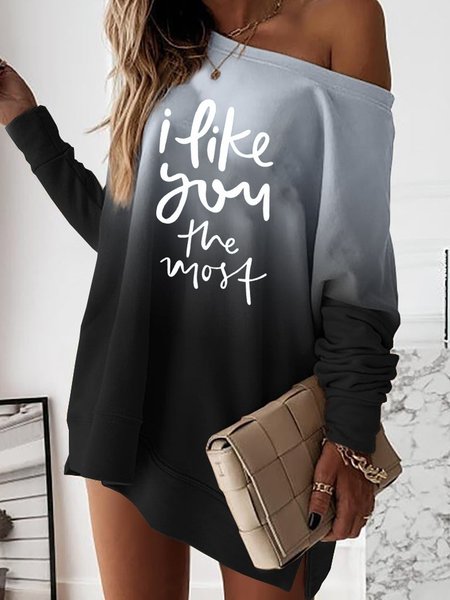 

Ombre Letter Casual Loosen Cotton Blends Boat Neck Midi Dresses, Gray, Mini Dresses