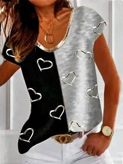 

Basics Cotton Blends Shirt Sleeve Geometric heart Color Block Shirts & Tops, Black-grey, Tees & T-shirts