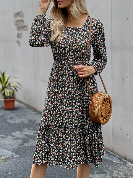 

Loosen Floral Cotton Blends Dresses, Black, Floral Dresses