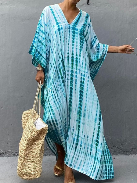 Tie Dye Hippie V Neck Long sleeve Woven Dress, Cyan, Maxi Dresses