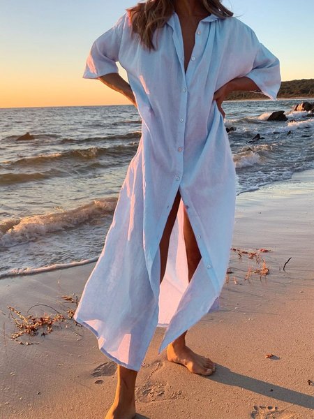 

Plus Size Casual Solid Lapel Loosen Three Quarter Long sleeve Woven Dress, Blue, Maxi Dresses