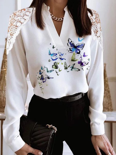 

V Neck Vacation Butterfly Shirts & Tops, White, Blouses & Shirts