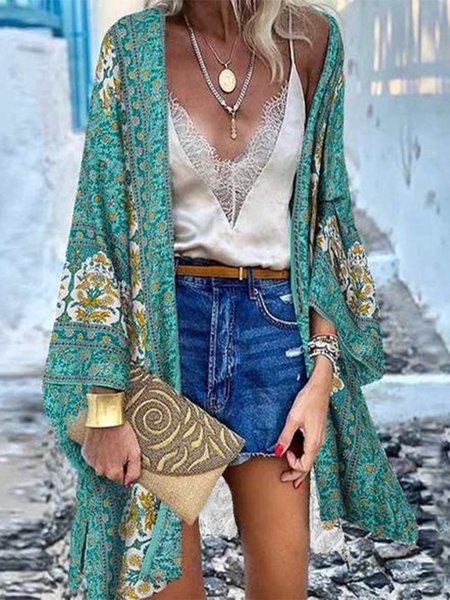 

Boho Tribal Long Sleeves Plus Size Casual Women Cardigan, Green, Outerwear