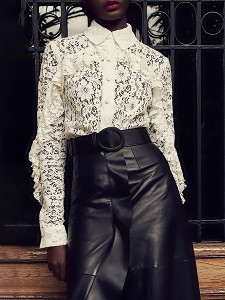 

Regular Fit Shirt Collar Elegant Daily Top, White, Blouses and Shirts