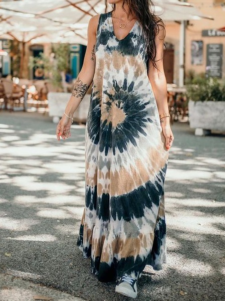 Tie Dye Cotton Blends V Neck Dresses, Color1, Maxi Dresses