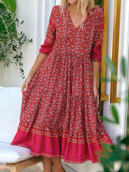 

Plus size Boho V Neck Floral Dresses, Red, Maxi Dresses