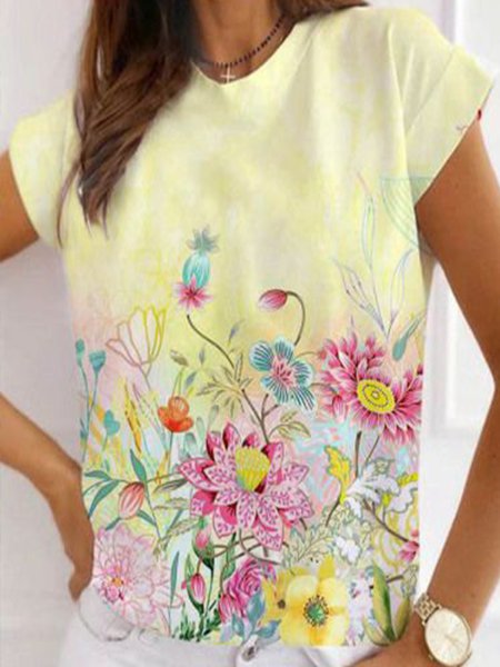 

Women's Short Sleeve Crew Neck Warm Yellow Floral Print T-Shirt, Tees & T-shirts
