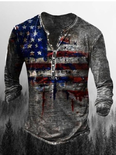 

Men's Vintage Casual Henley Collar T-Shirt Long Sleeve T-Shirt, Gray, T-shirt
