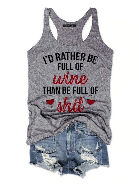 I'd Rather Be Full Of Wine Women's Crew Neck Tanks & Camis, Gray, Tank Tops