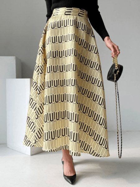 

Spring A LineA Zipper fly Loosen Elegant Date Long skirt, Yellow, Midi Skirts