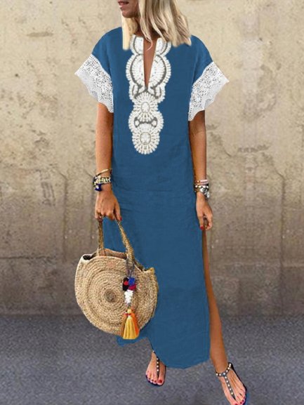 

Boho Lace Short Sleeve Notched Plus Size Casual Short sleeve Woven Dress, Blue, Maxi Dresses