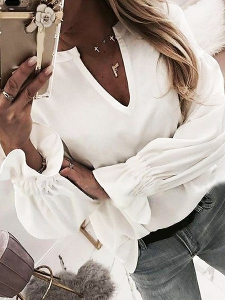 

V Neck Casual Solid Loosen Shirts & Tops, White, Tops
