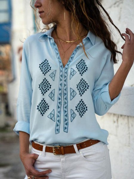 

Shirt Collar Boho Geometric Loosen Casual Shirts & Tops, Blue, Tops