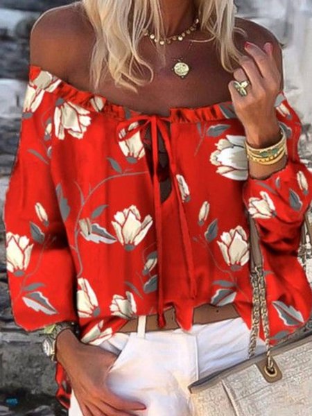 

Loosen Off The Shoulder Floral Shirts & Tops, Red, Tops
