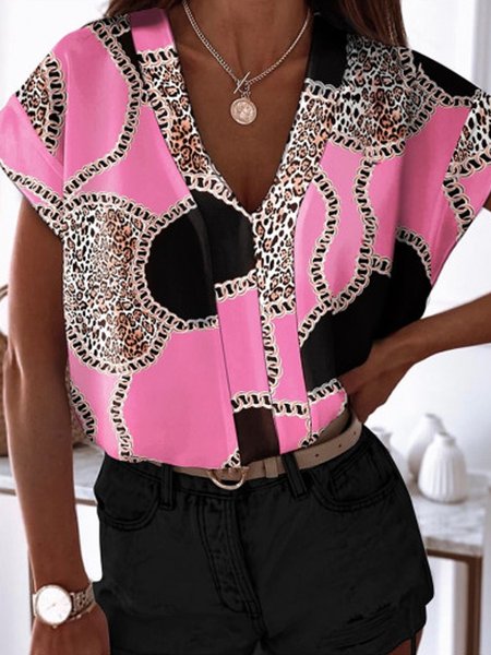 

Leopard Color Block Loosen Casual V Neck Shirts & Tops, Flower, Tops