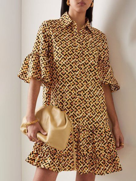 

Vacation Loosen Shirt Collar Three Quarter Dress, Yellow, Mini Dresses