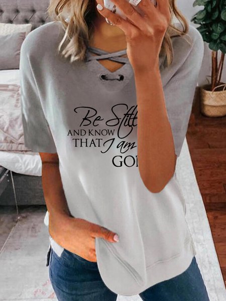 

V Neck Cross Letter Loosen Casual Cotton Blends Tunic Short Sleeve T-shirt, Gray, T-Shirts