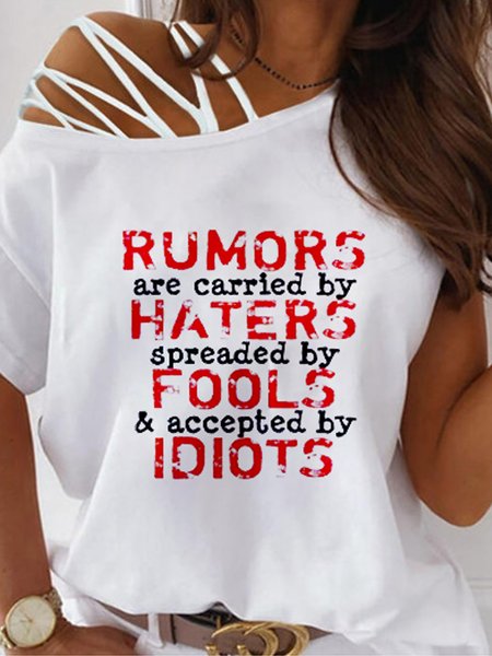 

Loosen Casual Letter Asymmetric One Shoulder Short Sleeve T-shirt, White, T-Shirts