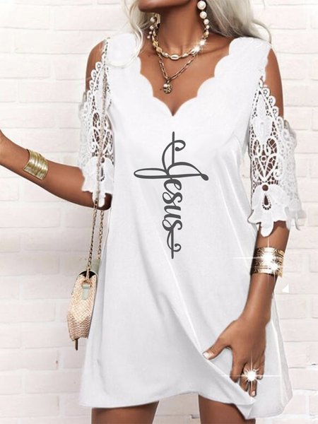 

V Neck Loosen Cotton Blends Romantic Letter Dresses, White, Mini Dresses