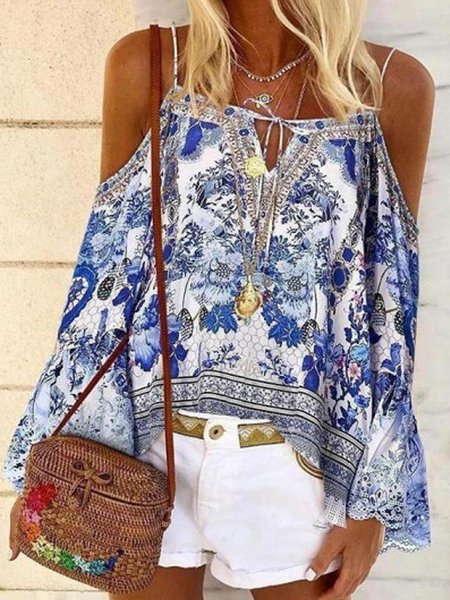 

Vacation Floral Lace-Up Off The Shoulder Loosen Flare Sleeve Shirts & Tops, Flower, Tops