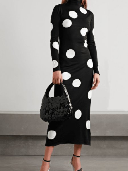 

Spring Polka Dots Slim Fit Elegant Lightweight Date Long sleeve Knit Dress, Black, Midi Dresses