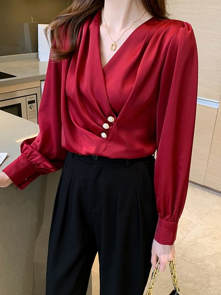 

Regular Fit Lady Long Sleeve Solid Top, Wine red, Blouses and Shirts