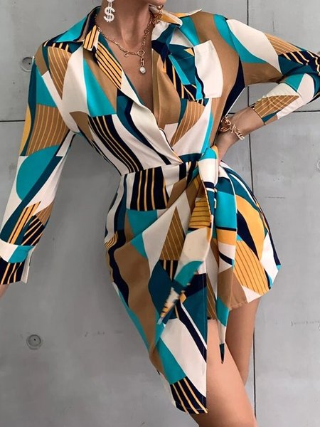 

Daily Elegant Geometric Long sleeve Dress, Multicolor, Mini Dresses