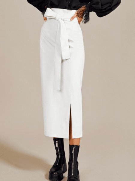 

Spring Elegant Lightweight Zipper fly Non-Stretch Long skirt, White, Midi Skirts