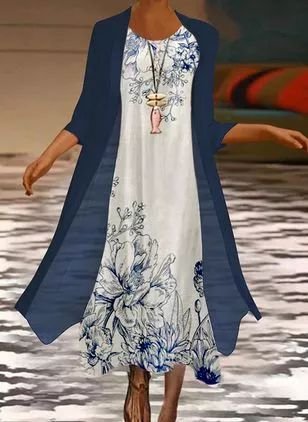 

Casual Loosen Crew Neck Floral Long Sleeve Dress Suit, Blue, Midi Dresses