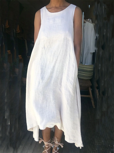 

Holiday Casual Round Neck Cotton Blends Plain Long Dresses, White, Midi Dresses