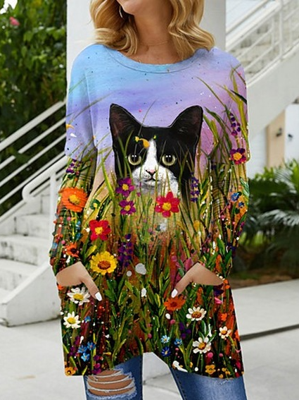 

Black cat print casual top in the grass, Blue, Long sleeve tops