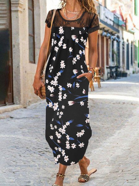 

Crew Neck Cotton Blends Regular Fit Dresses, Black, Maxi Dresses