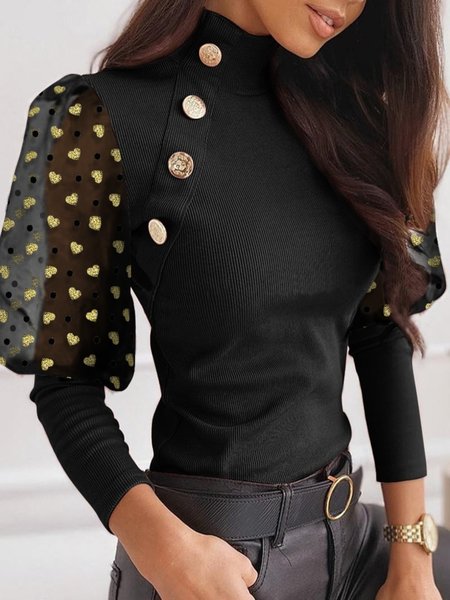 

Casual Long Sleeve High Neck Plus Size Tops, Black, Tops