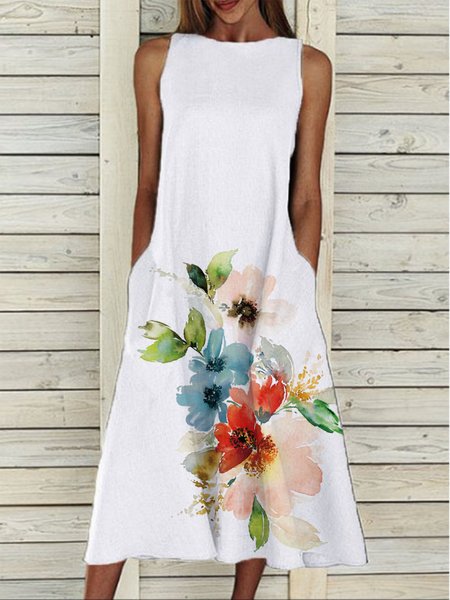 

Floral Casual Crew Neck Casual Vacation Dresses, White, Floral Dresses