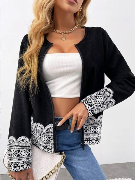 

Casual Vintage Collarless Paisley Long Sleeve Outerwear, Black, Outerwear