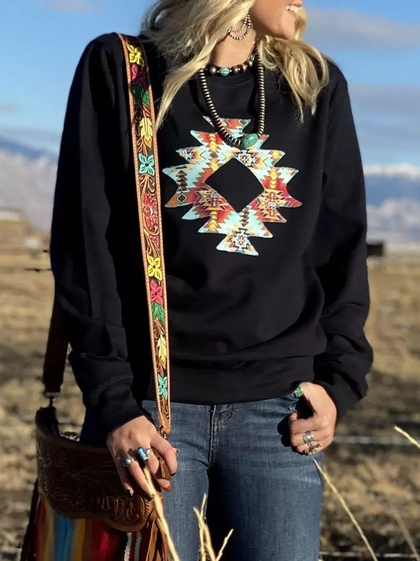 

Crew Neck Loose Tribal Print Sweatshirt, Black, Sweatshirts & Hoodies