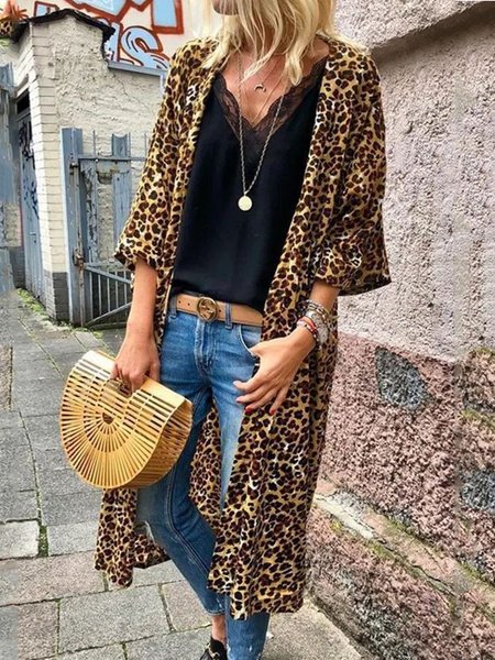 

Plus Size Casual Leopard Loosen Three Quarter Outerwear, Outerwear