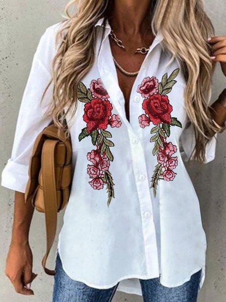 

Cotton Blends Floral Embroidered Buttoned Shirts & Tops Plus Size, White, Shirts & Blouses