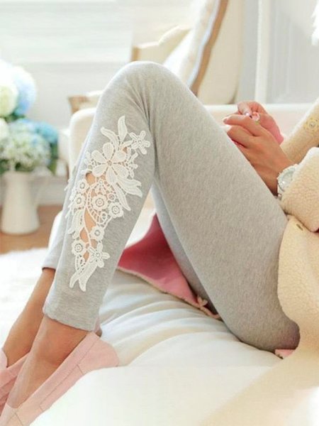 

Lace Cotton Blends Skinny Pants, Light gray, Leggings