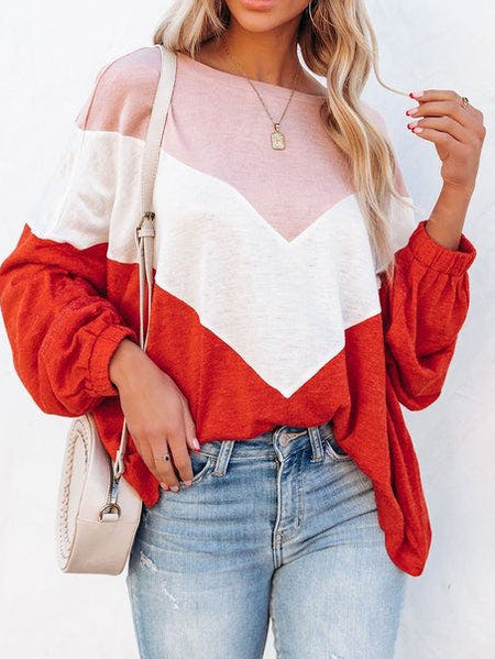

Crew Neck Plain Casual Shirts & Tops, Pink-white, Hoodies & Sweatshirts