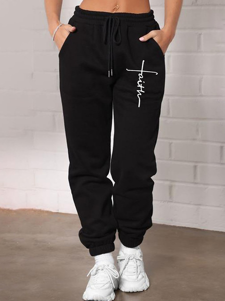 

Letter Print Pocket Design Drawstring Sweatpants, Black, Pants
